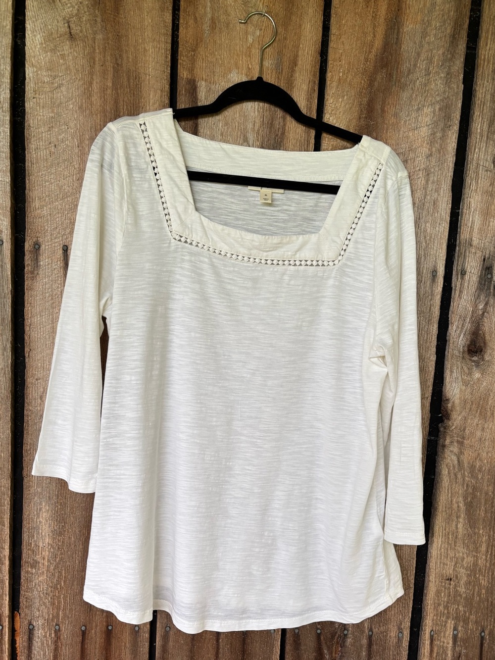Womens XL Ivory Square Neck Crochet Trim 3/4 Sleeve Slub Knit Top Cottagecore